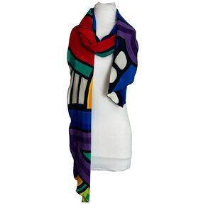 Bright Geometric Multicolor Neck Scarf Red Blue White Purple 85.5" X 10"